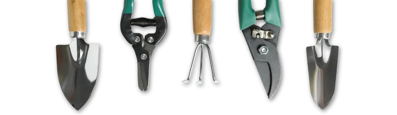 Herramientas agrícolas puestas en fila