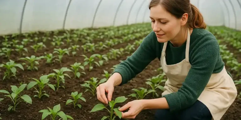 cuidando plantas de hortalizas en huerto