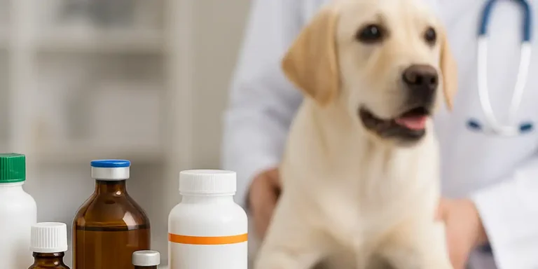 Perrito sentado junto a varios frascos de medicamentos veterinarios sobre una mesa.